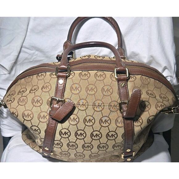 Michael Kors Handbags - Michael Kors MK Logo Satchel Brown Monogram Bag Gold Tone Flawed/Worn Handles